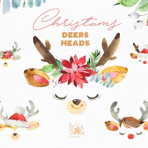 Christmas Deers Heads. Watercolor clipart, Holiday, Winter, child, girl, Santa, floral, mask, stag, flowers, kids, baby-born, baby-shower