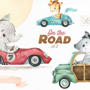 On The Road pt.2 Aquarelle animaux clipart, voiture, voyage, chemin, éléphant, zèbre, girafe, conducteur, course, montgolfière, race, raceway, voyage, safari