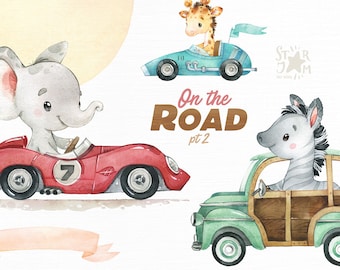 On The Road pt.2 Watercolor animals clipart, car, travel, way, elephant, zebra, giraffe, driver, race, air-balloon, raceway, journey, safari