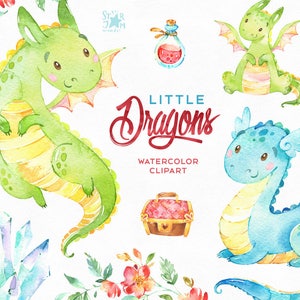 Kleine Draken. Aquarel magische clip art, personages, schattig, kristallen, bloemen, wezens, planners, babyshower, stickers, kinderen. Diy