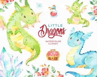 Little Dragons. Watercolor magical clip art, characters, cute, crystals, floral, creatures, planners, baby shower, stickers, kids. diy