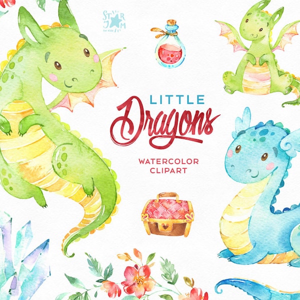 Little Dragons. Watercolor magical clip art, characters, cute, crystals, floral, creatures, planners, baby shower, stickers, kids. diy