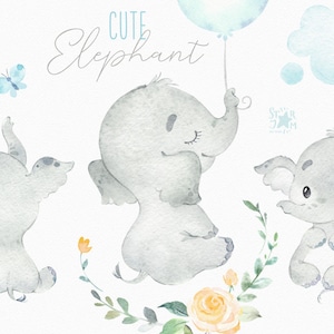 Schattige Olifantenjongen. Aquarel kleine dier clipart, baby, zacht, blauw, ballon, krans, verjaardag, droom, groet, baby-geboren, baby-douche