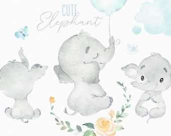 Cute Elephant Boy. Watercolor little animal clipart, baby, gentle, blue, balloon, wreath, birthday, dream, greeting, baby-born, baby-shower