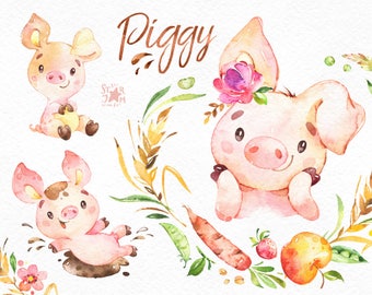 Piggy. Watercolor farm clipart, country, piglet, little pig, pink, vegetable, fruits, wreath, cute, household, animals, stickers, kids, fun