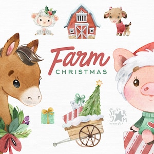 Farm Christmas. Little animals watercolor clip art, horse, pig, sheep, rabbit, country, goat, baby-shower, tree, Santa, baby, holiday, gifts