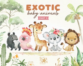 Exotic Baby Animals 3. Watercolor animals clipart, lion, giraffe, koala, parrot, tapir, flowers, greeting, safari, jungle, floral, Africa