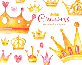 Crowns. Watercolor clipart, diadem, gold, queen, greetings card, invitation, diy, luxury, glamour, princess