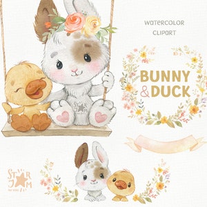 Konijntje & Eend. Dieren aquarel clipart, bloemen, krans, bosbabyshower, afdrukbaar, eerste verjaardag, feest, schommel, lente png, konijn