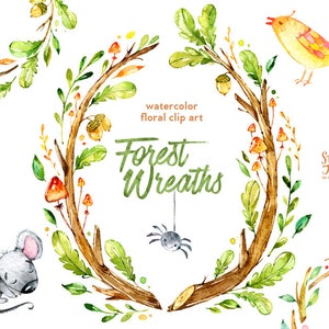 Corone di Foresta. Clipart acquerello, fiori, quercia, topo, ragno, funghi, saluto, fai da te, decorazione, bambino, uccello, babyshower, citazioni, bosco