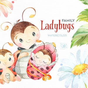 Ladybugs. Family. Little animals watercolor clipart, flowers, leaves, red, nursery art, baby-shower, florals, chamomile, kids, bugs, daisy