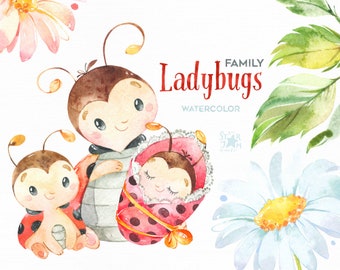 Ladybugs. Family. Little animals watercolor clipart, flowers, leaves, red, nursery art, baby-shower, florals, chamomile, kids, bugs, daisy