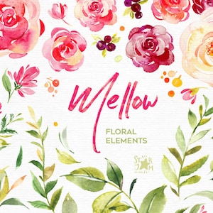 Puede incluir: Ilustración en acuarela de elementos florales en tonos rosa, rojo y verde. La imagen presenta rosas, bayas y hojas, con la palabra "Mellow" en escritura rosa. También está presente la frase "Floral Elements".