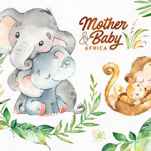 Mutter & Baby. Afrika. Aquarell Tiere Clipart, Elefant, Affe, Gepard, Gruß, Einladung, Kinder, Familie, geblümt, Kranz, Babyshower