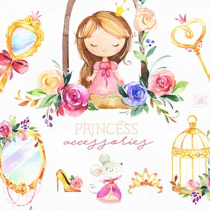 Accesorios Princess. Acuarela cuento de hadas clipart, chica real, espejo, dama, corona, flores de la jaula de llave de oro, San Valentín, guardería, baby-shower