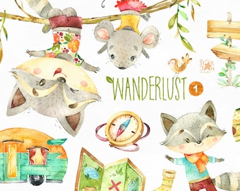 Wanderlust 1. Watercolor animals clipart, racoon, mouse, travel, camping, forest, hiking, map, adventure, wild, greeting, invite, boyscouts