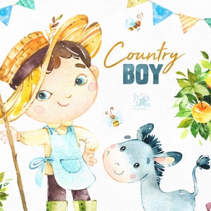 Country Boy. Watercolor farm clipart, tools, household, dog, cat, donkey, bees, apple tree, harvest, thanksgiving, bunting, cute, invites