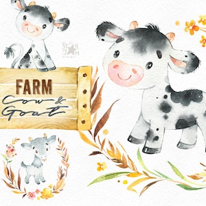 Farm. Kuh & Ziege. Aquarell Land Clipart, Kälbchen, kleine Tiere, Blumenkranz, Kine, Planer, Sticker, Kinder, Haushalt, Naturkunst.