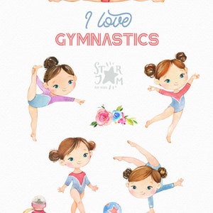I love Gymnastics. Watercolor clipart, brunette, girl, rhythmic, sport, acrobatic, artistic, school, medal, gold, dance, card, birthday image 2