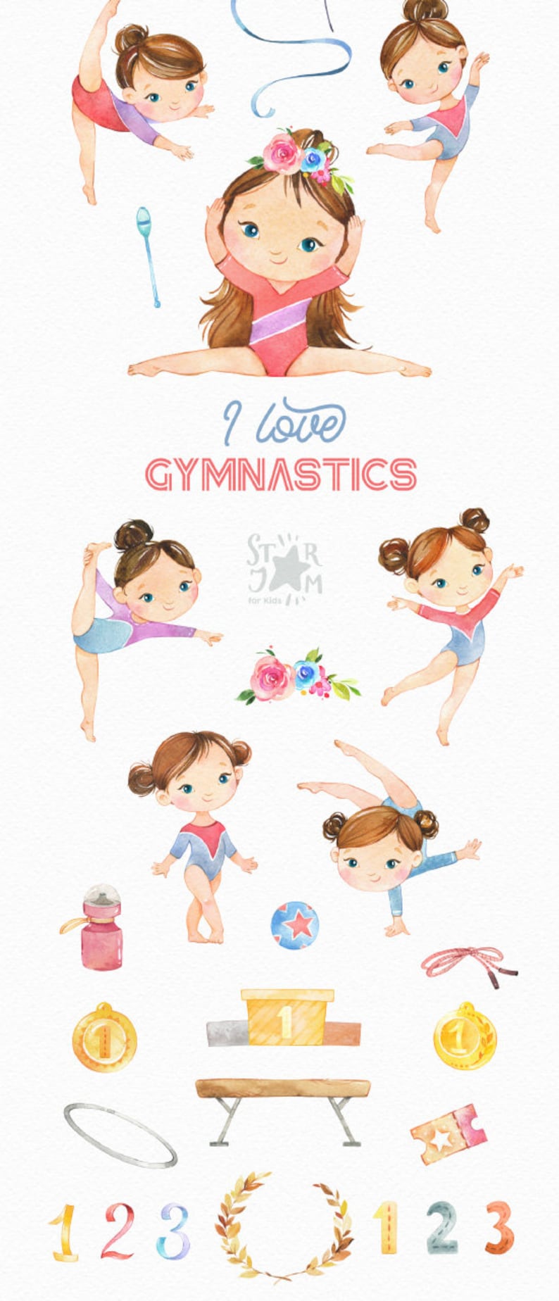 I love Gymnastics. Watercolor clipart, brunette, girl, rhythmic, sport, acrobatic, artistic, school, medal, gold, dance, card, birthday image 2
