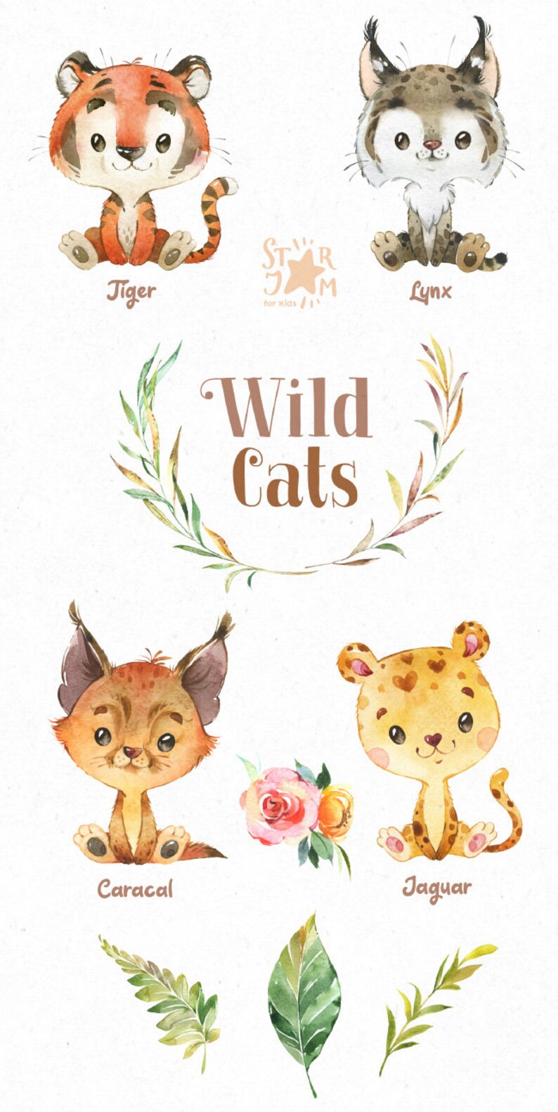 Wild Cats. Watercolor little animal clipart, Tiger, Lynx, Caracal, Jaguar, cub, baby, flowers, wreath, birthday, baby-born, baby-shower image 2