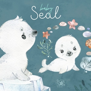 Baby Zeehond. Aquarel kleine dier clipart, zacht, wit, ijs, kind, krans, verjaardag, sneeuw, noord, zee, groet, baby-geboren, baby-douche