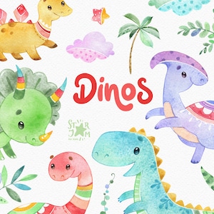 Dinos. Watercolor clip art, characters, cute Dinosaurs, floral, creatures, planners, nursery, baby shower, stickers, kids, raptor, palm