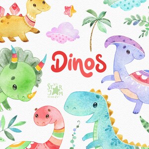 Dinos. Clipart ad acquerello, personaggi, simpatici dinosauri, floreali, creature, agende, asilo nido, baby shower, adesivi, bambini, rapace, palma