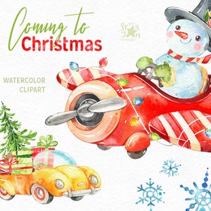 Puede incluir: Ilustración en acuarela de un muñeco de nieve en un avión a rayas rojas y blancas con luces navideñas. Un coche amarillo transporta un árbol de Navidad y regalos. El texto "Coming to Christmas" está en verde y rojo.