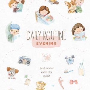 Daily Routine. Evening. Watercolor hand-painted clipart, reading, sleeping, preschool png, kids evening activities, education printable image 2
