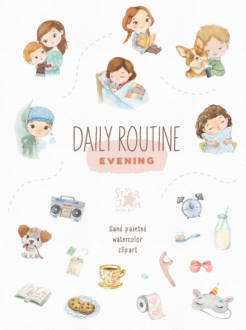 Daily Routine. Evening. Watercolor hand-painted clipart, reading, sleeping, preschool png, kids evening activities, education printable image 2