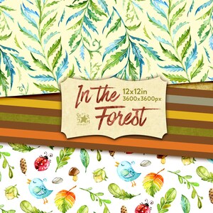 May include: Watercolor digital paper pack featuring botanical and forest-themed patterns. Includes a seamless pattern of green and blue leaves on a cream background, and a collection of forest elements. The text "In the Forest" is displayed on a banner.
