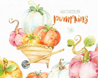 Citrouilles aquarelle. Clipart d’automne, halloween, thanksgiving, automne, récolte, salutation, citrouille rose, inviter, floral, sarcelle, enfants, bricolage, png