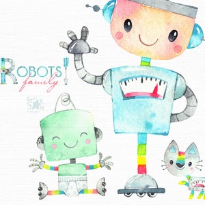 Könnte beinhalten: Aquarellillustration einer Roboterfamilie. Das Bild zeigt einen großen blauen Roboter, einen kleinen grünen Roboter und eine Roboterkatze, alle mit farbenfrohen Akzenten und freundlichen Gesichtsausdrücken. Der Text "ROBOTS family" ist ebenfalls enthalten.