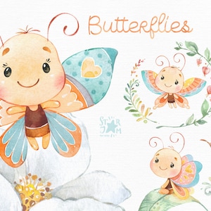 Schmetterlinge. Kleine Tiere Aquarell Clipart, Blumen, Blätter, Kinderzimmer Kunst, Baby-Dusche, Blumen, Blatt, Gruß, Kinder, Flügel, niedlich, diy