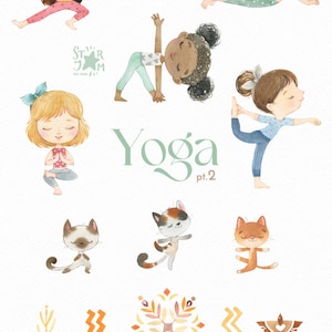 Yoga 2. Watercolor hand-painted clipart, healthy life, cats, girls activities, meditation, sports activities, kids yoga, girls yoga poses image 2