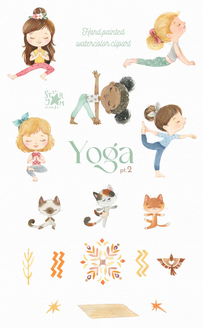 Yoga 2. Watercolor hand-painted clipart, healthy life, cats, girls activities, meditation, sports activities, kids yoga, girls yoga poses image 2