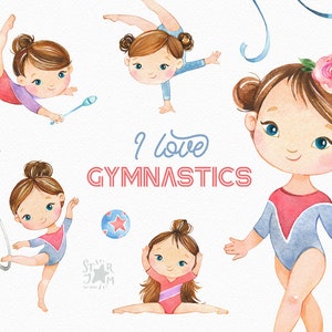 Adoro Ginástica. Clipart aquarela, morena, menina, rítmico, esporte, acrobático, artístico, escola, medalha, ouro, dança, cartão, aniversário