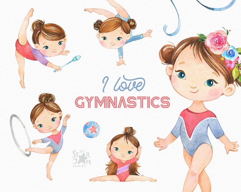 I love Gymnastics. Watercolor clipart, brunette, girl, rhythmic, sport, acrobatic, artistic, school, medal, gold, dance, card, birthday image 1