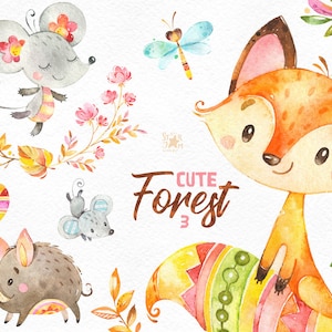 Forêt mignonne 3. Aquarelle petits animaux clipart, renard, souris, sanglier, branches, couronne, fleuri, salutation, babyshower, boisé, sympa, cft