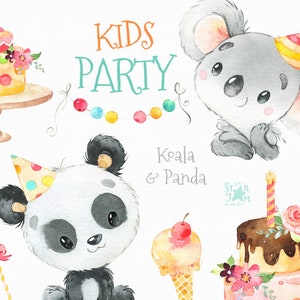 Festa per bambini. Koala & Panda Acquerello piccolo animale Clipart di compleanno, torte, torta, divertimento, bambino, gelato di compleanno, playdate, carte baby-shower