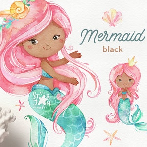 Mermaid Black. Watercolor clipart, Png, sea, magic, fairytale, little mermaid, birthday, underwater, ocean, pink, baby-shower, sublimation