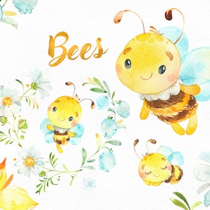 Bees. Little animals watercolor, wreath, flowers, sunflower, chamomile, nursery, baby-shower, bumble bee, florals, daisy, starjamforkids image 1