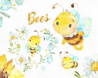 Bees. Little animals watercolor, wreath, flowers, sunflower, chamomile, nursery, baby-shower, bumble bee, florals, daisy, starjamforkids