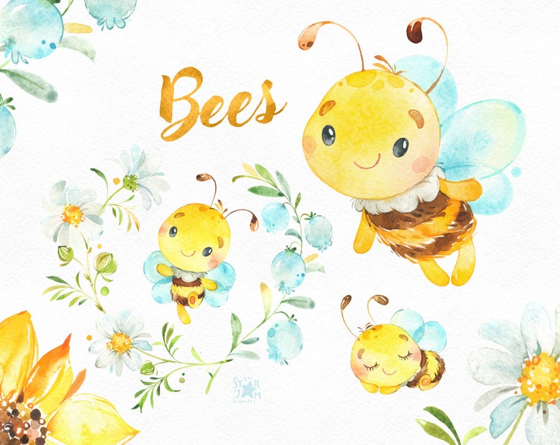 Bees. Little animals watercolor, wreath, flowers, sunflower, chamomile, nursery, baby-shower, bumble bee, florals, daisy, starjamforkids image 1