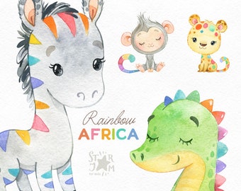 Rainbow Africa. Watercolor animals clipart, zebra, monkey, crocodile, cheetah, colors, greeting, invite, safari, leaves, baby, baby-shower