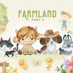 Terras agrícolas 3. Clipart country em aquarela, vaca, gato, cachorro, coelho, frango, abóbora, flores, animais, animal de estimação, família, chá de bebê, ação de graças