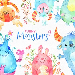 Drôles de monstres 2. Aquarelle clipart, personnages mignons, floral, créatures, planificateurs, magie, multicolore, coeur, baby shower, enfants, queue de fée