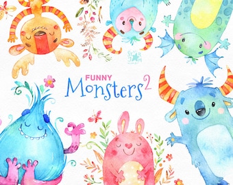 May include: Watercolor illustration featuring a collection of whimsical, colorful monsters. The image includes the text "FUNNY Monsters 2" in blue script. The monsters are in various colors, including blue, orange, pink, and green, with floral and butterfly accents.