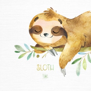 Sloth. Little animals watercolor clipart, sleepy sloths, wreath, florals, babyshower, kids, baby, cute, nursery, branches, starjamforkids image 4